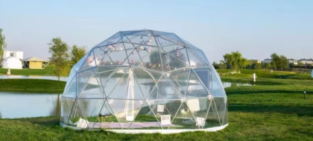Backyard setup with garden dome tent and furniture