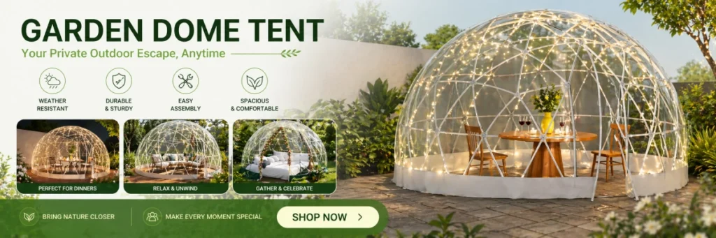 Garden igloo dome set up in backyard for patio and gardening